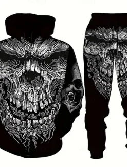 Hot OUKU Halloween Men's Skull 2pcs 3D Sweatshirt Sets Tracksuit Hoodie Sweatshirt Long Sleeve Long pants Hooded Casual Daily Athleisure 3D Print Spring Fall Winter Black Blue Grey
