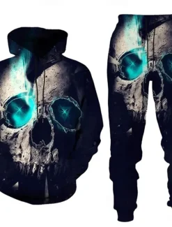 Hot OUKU Halloween Men's Skull 2pcs 3D Sweatshirt Sets Tracksuit Hoodie Sweatshirt Long Sleeve Long pants Hooded Casual Daily Athleisure 3D Print Spring Fall Winter Black Blue Grey