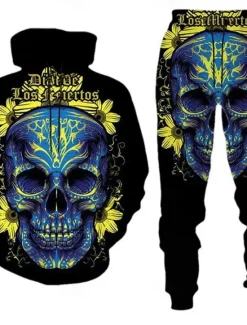 Hot OUKU Halloween Men's Skull 2pcs 3D Sweatshirt Sets Tracksuit Hoodie Sweatshirt Long Sleeve Long pants Hooded Casual Daily Athleisure 3D Print Spring Fall Winter Black Blue Grey