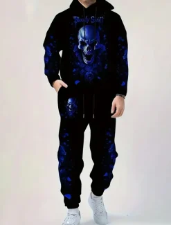 Outlet OUKU Halloween Men's Skull 2pcs 3D Sweatshirt Sets Tracksuit Hoodie Sweatshirt Long Sleeve Long pants Hooded Casual Daily Athleisure 3D Print Spring Fall Winter Lake blue Amethyst Blue