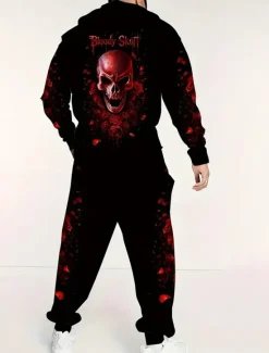 Outlet OUKU Halloween Men's Skull 2pcs 3D Sweatshirt Sets Tracksuit Hoodie Sweatshirt Long Sleeve Long pants Hooded Casual Daily Athleisure 3D Print Spring Fall Winter Lake blue Amethyst Blue