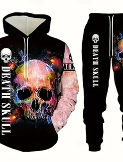Outlet OUKU Halloween Men's Skull 2pcs 3D Sweatshirt Sets Tracksuit Hoodie Sweatshirt Long Sleeve Long pants Hooded Casual Daily Athleisure 3D Print Spring Fall Winter Pink Red Orange