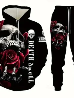 Outlet OUKU Halloween Men's Skull 2pcs 3D Sweatshirt Sets Tracksuit Hoodie Sweatshirt Long Sleeve Long pants Hooded Casual Daily Athleisure 3D Print Spring Fall Winter Pink Red Orange