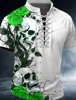 Discount OUKU Halloween Men's Skull Rose Henley Shirt T shirt Tee Short Sleeve T shirt 3D Print Crew Neck Lace Up Neck Henley Shirt Fashion Daily Basic Street Sports Outdoor Casual Red Blue Purple Summer Spring