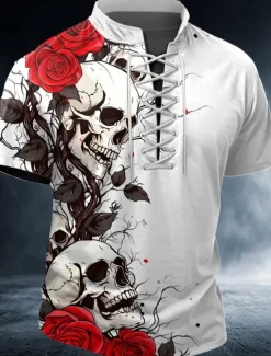 Discount OUKU Halloween Men's Skull Rose Henley Shirt T shirt Tee Short Sleeve T shirt 3D Print Crew Neck Lace Up Neck Henley Shirt Fashion Daily Basic Street Sports Outdoor Casual Red Blue Purple Summer Spring