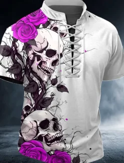 Discount OUKU Halloween Men's Skull Rose Henley Shirt T shirt Tee Short Sleeve T shirt 3D Print Crew Neck Lace Up Neck Henley Shirt Fashion Daily Basic Street Sports Outdoor Casual Red Blue Purple Summer Spring