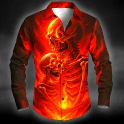 Online OUKU Halloween Men's Skull Skeleton Halloween Costumes Shirt Button Up Shirt Long Sleeve Dark Punk Gothic Style Outdoor Holiday Summer Spring Turndown 3D Print Collared Shirts Black Red Blue Green Dark