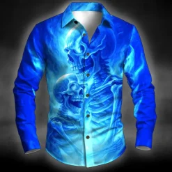 Online OUKU Halloween Men's Skull Skeleton Halloween Costumes Shirt Button Up Shirt Long Sleeve Dark Punk Gothic Style Outdoor Holiday Summer Spring Turndown 3D Print Collared Shirts Black Red Blue Green Dark
