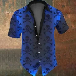 Clearance OUKU Halloween Men's Skull Skeleton Halloween Costumes Shirt Button Up Shirt Short Sleeve Dark Gothic Style Holiday Summer Spring Turndown 3D Print Collared Shirts Black Dark Blue
