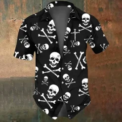 Clearance OUKU Halloween Men's Skull Skeleton Halloween Costumes Shirt Button Up Shirt Short Sleeve Dark Gothic Style Holiday Summer Spring Turndown 3D Print Collared Shirts Black Dark Blue