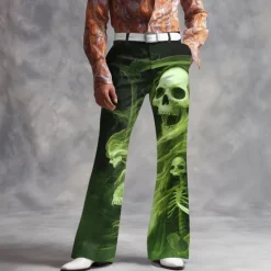 New OUKU Halloween Men's Skull Smoke Halloween Costumes Disco Pants 60s 70s Bell Bottoms Mid Waist Dark Gothic Style Outdoor Holiday Side Pockets Flared Leg Pants Trousers Spring Fall 3D Print Purple Green