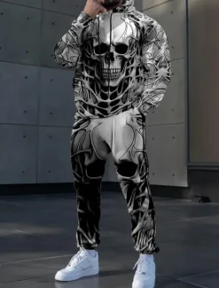 Clearance OUKU Halloween Men's Skulls 2pcs 3D Sweatshirt Sets Tracksuit Hoodie Sweatshirt Long Sleeve Long pants Hooded Casual Daily Modern Urban Athleisure Streetwear 3D Print Spring Fall Winter White Dark Gray