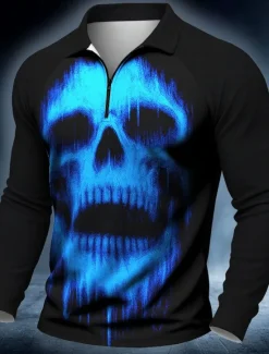 Discount OUKU Halloween Men's Skulls Polo Long Sleeve Polo Shirts Casual Dark Outdoor Street Daily Wear 3D Print Quarter Zip Polo Spring Fall Winter White Red Blue