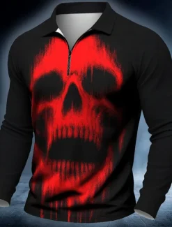Discount OUKU Halloween Men's Skulls Polo Long Sleeve Polo Shirts Casual Dark Outdoor Street Daily Wear 3D Print Quarter Zip Polo Spring Fall Winter White Red Blue