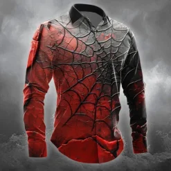 Clearance OUKU Halloween Men's Spider Halloween Costumes Button Up Shirt Long Sleeve Horror Party Evening Wear Fall Winter Spring & Summer Shirt Collar 3D Print Red