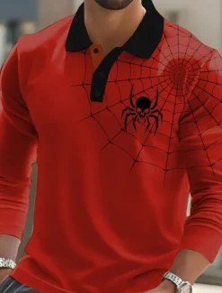 New OUKU Halloween Men's Spider web Polo Long Sleeve Polo Shirts Lapel Casual Street Athleisure Daily Wear 3D Print Buttons Spring Fall Winter Red Orange Green