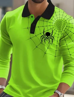 New OUKU Halloween Men's Spider web Polo Long Sleeve Polo Shirts Lapel Casual Street Athleisure Daily Wear 3D Print Buttons Spring Fall Winter Red Orange Green