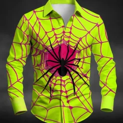 Sale OUKU Halloween Men's Spider web Halloween Costumes Shirt Button Up Shirt Long Sleeve Dark Gothic Style Outdoor Holiday Summer Spring Turndown 3D Print Collared Shirts Orange Green Rose Red