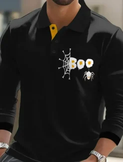 Sale OUKU Halloween Men's Spider web Polo Long Sleeve Polo Shirts Lapel Casual Street Athleisure Daily Wear 3D Print Buttons Spring Fall Winter Black Orange Brown