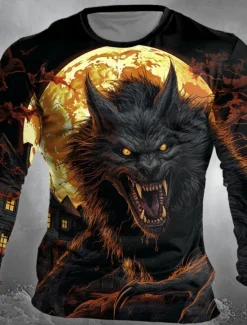 Outlet OUKU Halloween Men's Werewolf T Shirt Long Sleeve T shirt 3D Print Crew Neck Shirt Designer Retro Vintage Street Casual Daily Summer Spring Fall Clothing Apparel S M L XL XXL XXXL Black