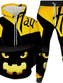 Discount OUKU Halloween Men's Witch Castle 2pcs 3D Sweatshirt Sets Tracksuit Hoodie Sweatshirt Long Sleeve Long pants Hooded Casual Daily Athleisure Festival Wear 3D Print Graphic Spring Fall Winter Black Yellow