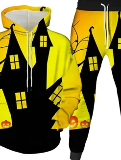 Discount OUKU Halloween Men's Witch Castle 2pcs 3D Sweatshirt Sets Tracksuit Hoodie Sweatshirt Long Sleeve Long pants Hooded Casual Daily Athleisure Festival Wear 3D Print Graphic Spring Fall Winter Black Yellow