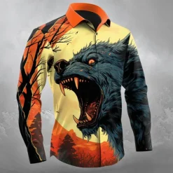 Best OUKU Halloween Men's Wolf Halloween Costumes Shirt Button Up Shirt Long Sleeve Dark Gothic Style Outdoor Holiday Spring Fall Turndown 3D Print Collared Shirts Orange yellow Blue Orange Dark Blue