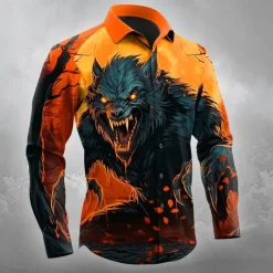 Best OUKU Halloween Men's Wolf Halloween Costumes Shirt Button Up Shirt Long Sleeve Dark Gothic Style Outdoor Holiday Spring Fall Turndown 3D Print Collared Shirts Orange yellow Blue Orange Dark Blue