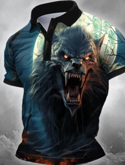 Sale OUKU Halloween Men's Wolf Polo Short Sleeve Polo Shirts Collared Shirts Casual Horror Dark Outdoor Athleisure Festival Outfit 3D Print Buttons Summer Black Blue