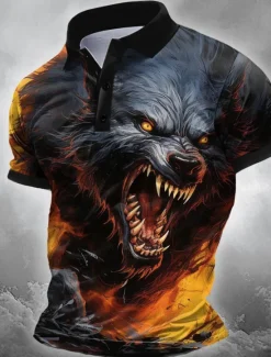 Sale OUKU Halloween Men's Wolf Polo Short Sleeve Polo Shirts Collared Shirts Casual Horror Dark Outdoor Athleisure Festival Outfit 3D Print Buttons Summer Black Blue