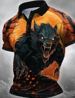 Discount OUKU Halloween Men's Wolf Polo Short Sleeve Polo Shirts Collared Shirts Casual Horror Dark Athleisure Festival Outfit 3D Print Buttons Summer Black Orange