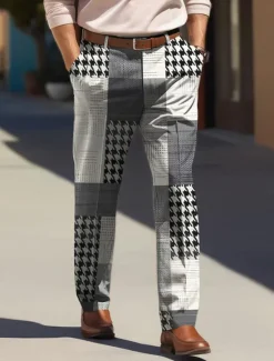 Sale OUKU Houndstooth Business Casual Men's Business 3D Printed Dress Pants Flat Front Straight-Leg Relaxed-fit Polyester Medium Waist Pants Outdoor Street Wear to Work Daily Wear S TO 3XL