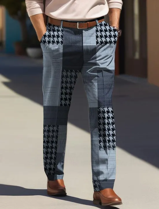 Sale OUKU Houndstooth Business Casual Men's Business 3D Printed Dress Pants Flat Front Straight-Leg Relaxed-fit Polyester Medium Waist Pants Outdoor Street Wear to Work Daily Wear S TO 3XL