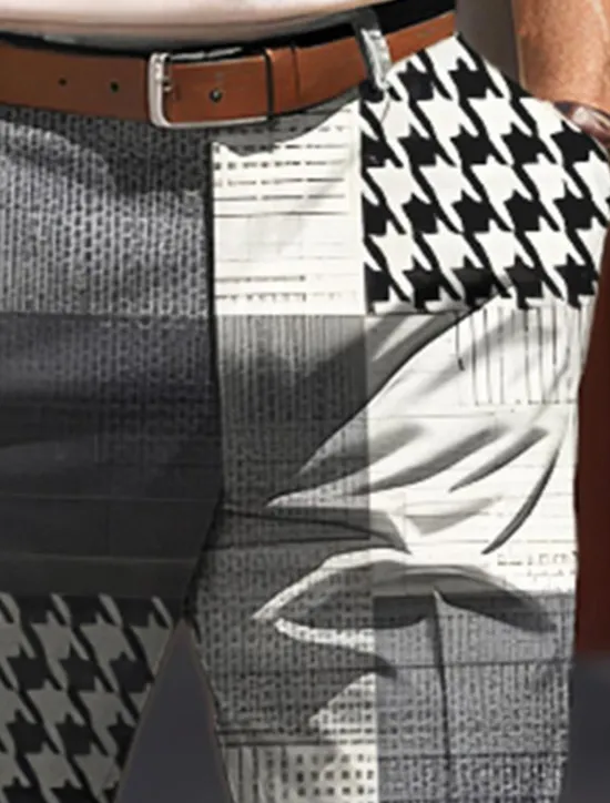 Sale OUKU Houndstooth Business Casual Men's Business 3D Printed Dress Pants Flat Front Straight-Leg Relaxed-fit Polyester Medium Waist Pants Outdoor Street Wear to Work Daily Wear S TO 3XL