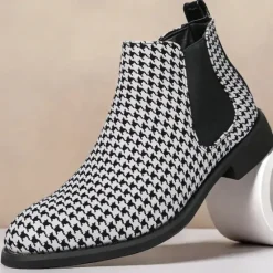 Online OUKU Houndstooth Pattern Men's Chelsea Boots – Classic Slip-On Ankle Boots with Elastic Side Panels for Formal and Casual Occasions Black