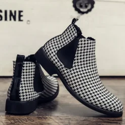 Online OUKU Houndstooth Pattern Men's Chelsea Boots – Classic Slip-On Ankle Boots with Elastic Side Panels for Formal and Casual Occasions Black