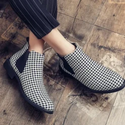 Online OUKU Houndstooth Pattern Men's Chelsea Boots – Classic Slip-On Ankle Boots with Elastic Side Panels for Formal and Casual Occasions Black