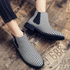 Online OUKU Houndstooth Pattern Men's Chelsea Boots – Classic Slip-On Ankle Boots with Elastic Side Panels for Formal and Casual Occasions Black