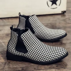 Online OUKU Houndstooth Pattern Men's Chelsea Boots – Classic Slip-On Ankle Boots with Elastic Side Panels for Formal and Casual Occasions Black