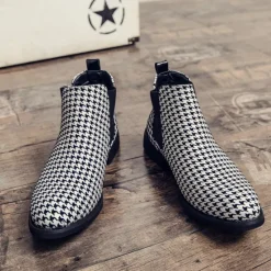 Online OUKU Houndstooth Pattern Men's Chelsea Boots – Classic Slip-On Ankle Boots with Elastic Side Panels for Formal and Casual Occasions Black