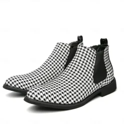Online OUKU Houndstooth Pattern Men's Chelsea Boots – Classic Slip-On Ankle Boots with Elastic Side Panels for Formal and Casual Occasions Black