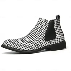 Online OUKU Houndstooth Pattern Men's Chelsea Boots – Classic Slip-On Ankle Boots with Elastic Side Panels for Formal and Casual Occasions Black