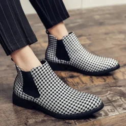 Online OUKU Houndstooth Pattern Men's Chelsea Boots – Classic Slip-On Ankle Boots with Elastic Side Panels for Formal and Casual Occasions Black