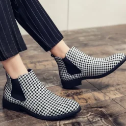 Online OUKU Houndstooth Pattern Men's Chelsea Boots – Classic Slip-On Ankle Boots with Elastic Side Panels for Formal and Casual Occasions Black
