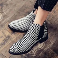 Online OUKU Houndstooth Pattern Men's Chelsea Boots – Classic Slip-On Ankle Boots with Elastic Side Panels for Formal and Casual Occasions Black