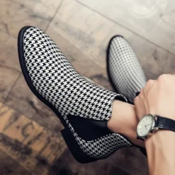 Online OUKU Houndstooth Pattern Men's Chelsea Boots – Classic Slip-On Ankle Boots with Elastic Side Panels for Formal and Casual Occasions Black