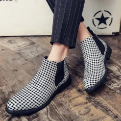 Online OUKU Houndstooth Pattern Men's Chelsea Boots – Classic Slip-On Ankle Boots with Elastic Side Panels for Formal and Casual Occasions Black