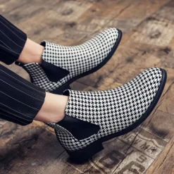 Online OUKU Houndstooth Pattern Men's Chelsea Boots – Classic Slip-On Ankle Boots with Elastic Side Panels for Formal and Casual Occasions Black