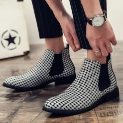 Online OUKU Houndstooth Pattern Men's Chelsea Boots – Classic Slip-On Ankle Boots with Elastic Side Panels for Formal and Casual Occasions Black