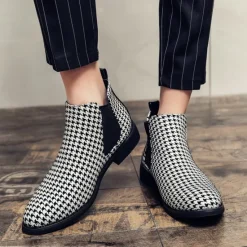 Online OUKU Houndstooth Pattern Men's Chelsea Boots – Classic Slip-On Ankle Boots with Elastic Side Panels for Formal and Casual Occasions Black